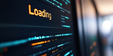 A close-up view of a computer screen displaying a loading interface, "Loading" written in a bold, pixelated font