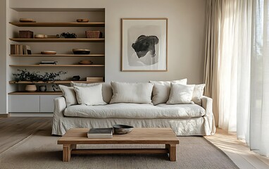 Minimalist living room with beige sofa, wooden furniture, and abstract art.