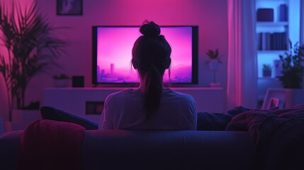 Naklejka premium Woman Relaxing at Home Watching OTT Content on Smart TV