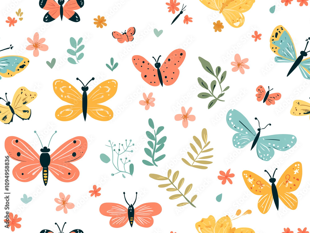 Poster a colorful butterfly pattern with flowers and leaves. the butterflies are of different sizes and col