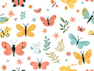 Fototapeta premium A colorful butterfly pattern with flowers and leaves. The butterflies are of different sizes and colors. 