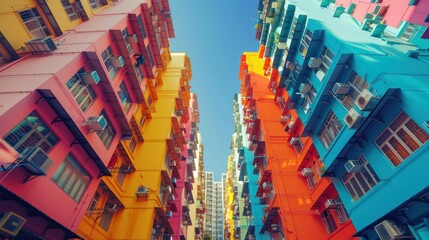 Obraz premium Vibrant colorful buildings create a striking urban scene under a clear blue sky.