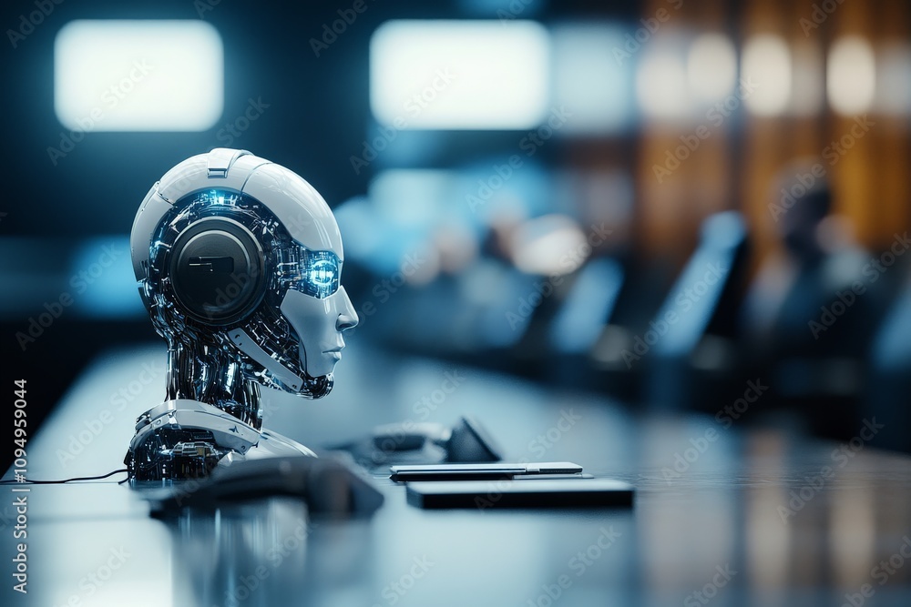 Poster a robotic head is positioned on a meeting table in a corporate setting, the background out of focus,