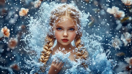 Obraz premium A full body shot of a little girl wearing a sleeveless princess dress, her golden hair braided into long and beautiful braids, and her whole body covered in sparkling snowflakes
