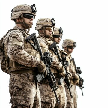 Four soldiers stand at attention, rifles held.