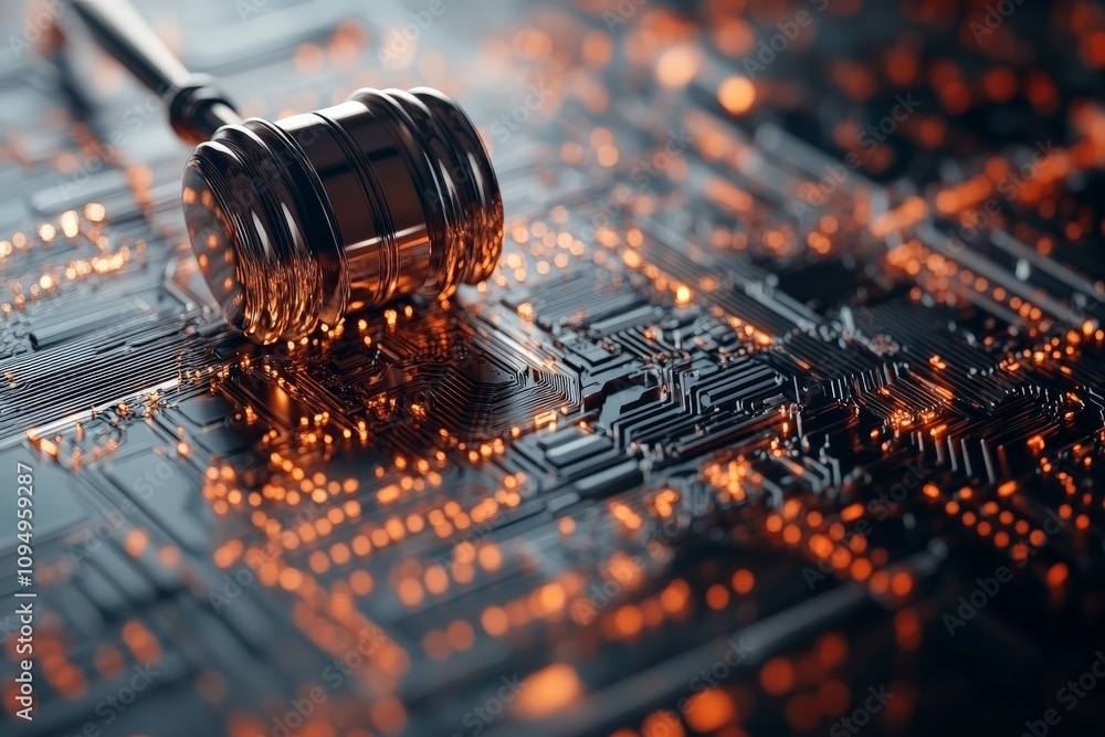 Aufkleber a judge's gavel rests on a glowing electronic circuit board, symbolizing the intersection of technol