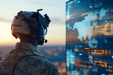 A soldier wearing military gear analyzes a digital map on a large high-tech screen, symbolizing strategic planning and modern warfare technology advancements.