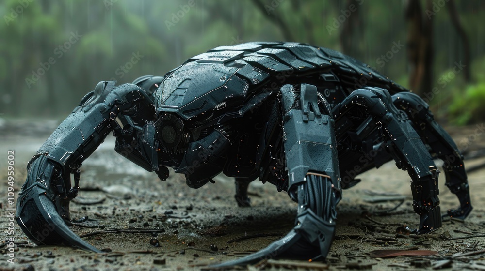 Poster a futuristic robotic spider in a forest setting, showcasing advanced technology and design.