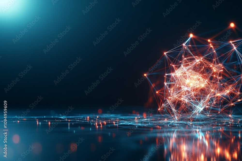 Poster this image displays a vibrant digital network with glowing, interconnected nodes against a dark, ref