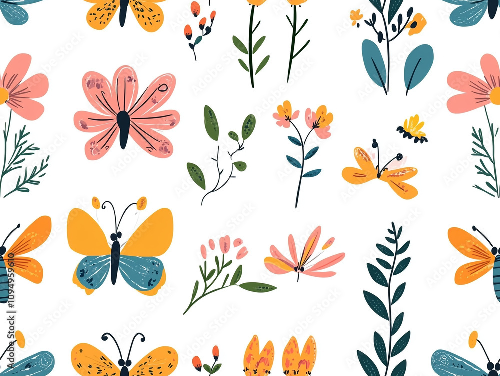 Poster a colorful butterfly pattern with flowers and leaves. the butterflies are of different sizes and col