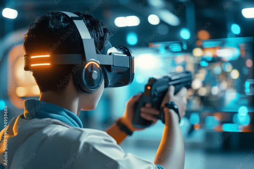 Poster in this image, a user immerses in virtual reality, wearing a headset and engaging in a dynamic and v