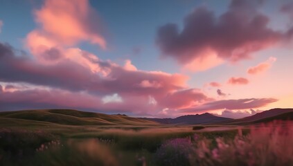 Fototapeta premium Pink Sunset Clouds Over Rolling Green Hills