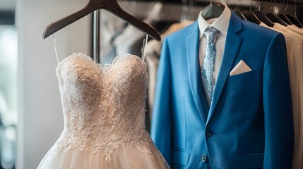 wedding dress and blue male suit on hangers in the wedding store