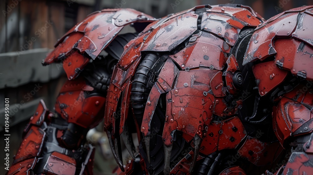 Poster close-up of a futuristic red robotic suit with intricate detailing and mechanical features.