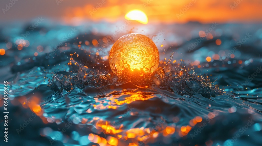 Aufkleber a glowing orb emerges from ocean waves at sunset, creating a mesmerizing visual effect.