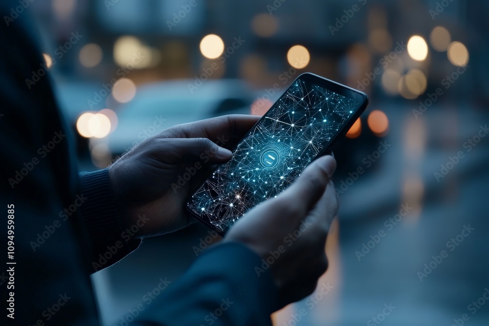 Poster hands gripping a smartphone with a complex digital network overlay on its screen, representing conne