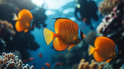 Fototapeta premium beautiful coral reef surrounded by shoals of coral fish and yellow butterfly fish