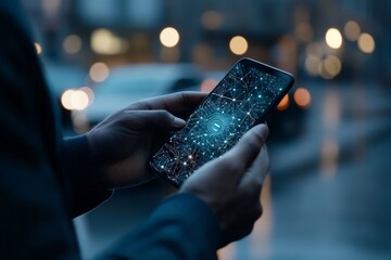 Hands gripping a smartphone with a complex digital network overlay on its screen, representing connectivity and modern mobile technology in an urban environment.
