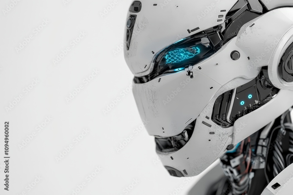 Poster a detailed view of a high-tech robotic face shows its sleek surfaces and blue led lights, reflecting