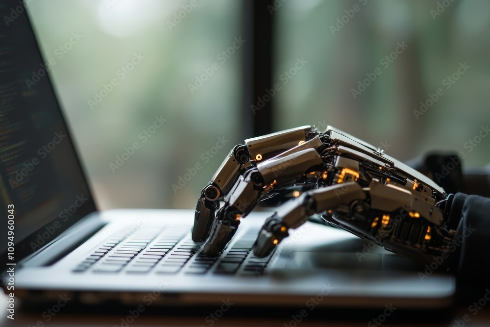 Poster a robotic hand is captured typing on a laptop keyboard, emphasizing the integration of robotics in d