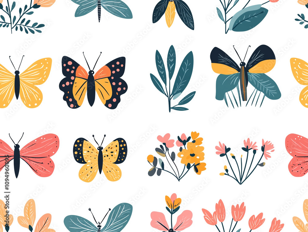 Poster a colorful butterfly pattern with flowers and leaves. the butterflies are of different sizes and col