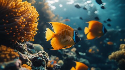 Obraz premium beautiful coral reef surrounded by shoals of coral fish and yellow butterfly fish