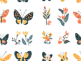 A colorful butterfly pattern with flowers and leaves. The butterflies are of different sizes and colors. 