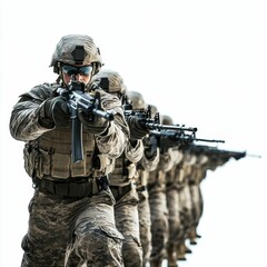 Fototapeta premium Soldiers aiming rifles, tactical formation.
