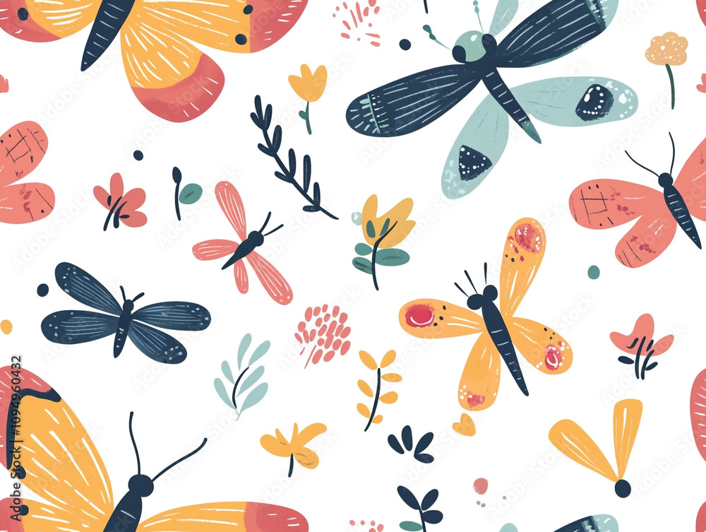 Poster a colorful butterfly pattern with flowers and leaves. the butterflies are of different sizes and col