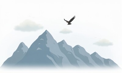 Naklejka premium A serene mountain scene with soft clouds drifting across the sky and a single soaring eagle in the distance. The white background highlights the majesty and calm of the illustration.