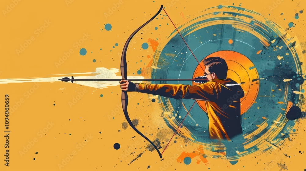 Poster a person aiming with a bow and arrow against a colorful target backdrop.