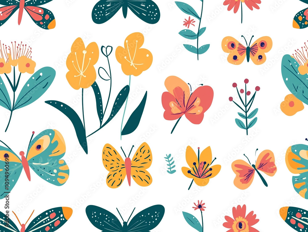 Poster a colorful butterfly pattern with flowers and leaves. the butterflies are of different sizes and col