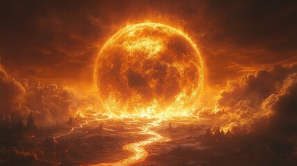 Obraz premium A dramatic sunset with fiery colors illuminating clouds and a flowing river of light.