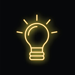 Yellow neon lightbulb shining on black background representing idea, solution and creativity