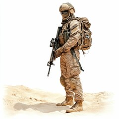 Obraz premium Camouflaged soldier, desert backdrop, rifle.