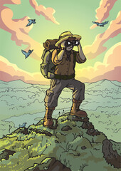 The tourist standing on a mountain peak and Look through binoculars. Around the him flying blue birds. Behind open forest landscape with the river. Warm Dawn, pink clouds and emerald sky.