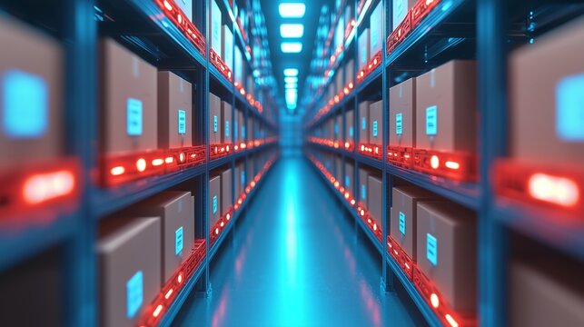 Futuristic Warehouse Rows of Cardboard Boxes Red Lights