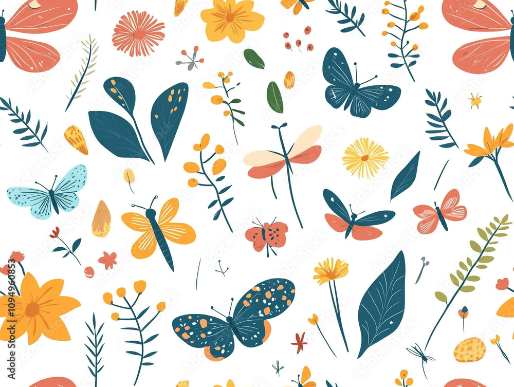 Poster a colorful butterfly pattern with flowers and leaves. the butterflies are of different sizes and col