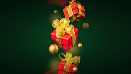 Levitation of Red gift boxes on a green background. New Year, Christmas, Black Friday or Sales gift concept. Poster