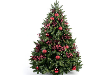 Decorated Christmas tree with red ornaments and bows.