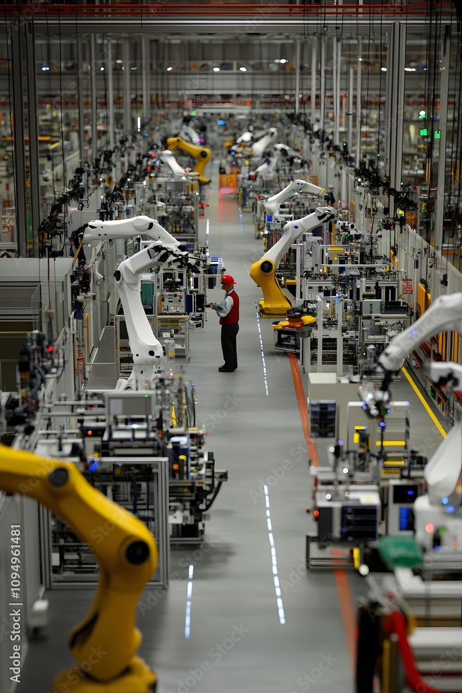 Aufkleber a high-tech factory with robotic arms and a worker, showcasing automation in production.