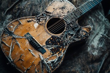 An old acoustic guitar lies in a rugged setting. Its weathered body tells a story of time and use....