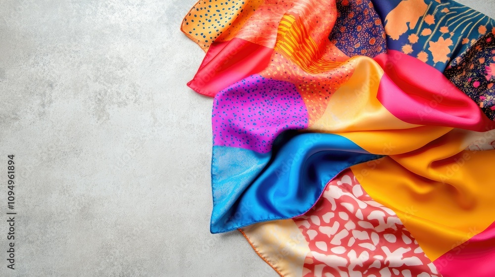 Poster colorful silk fabric with intricate patterns and textures piled elegantly on a soft grey surface for