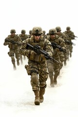 Fototapeta premium Soldiers advance, rifles ready, on white background.