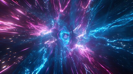 Abstract background with blue and pink lights, forming streaks of light and a hexagonal shape in the center.