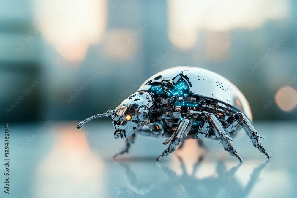 Poster a highly detailed chrome beetle-like robot displaying technological sophistication and futuristic de