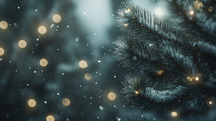Peaceful and enchanting winter wonderland scene featuring a warmly lit pine tree set against a snowy background with soft lighting creating a magical and festive atmosphere.