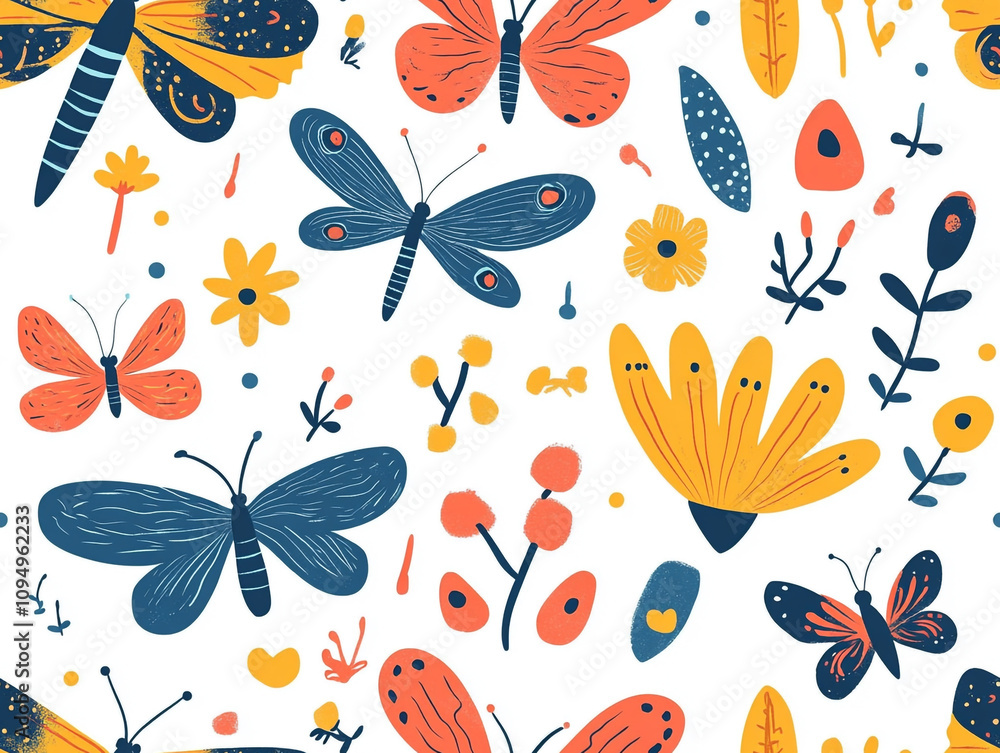 Poster a colorful butterfly pattern with flowers and leaves. the butterflies are of different sizes and col