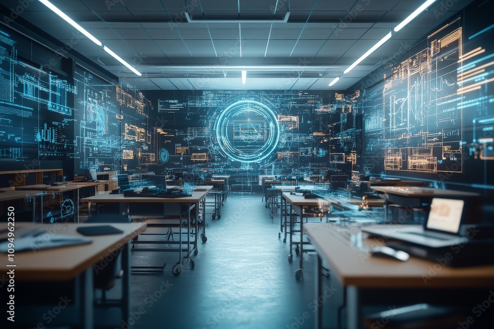 Poster a state-of-the-art classroom featuring immersive digital interfaces and advanced tech displays, repr