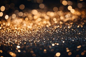 Close-up of golden glitter on dark surface